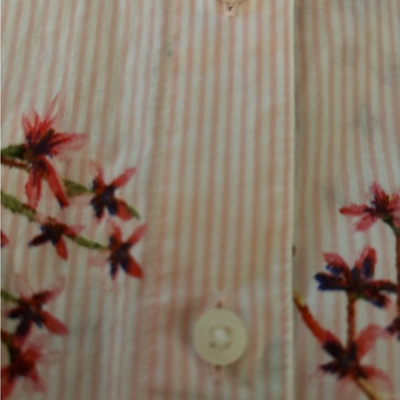 TOMMY HILFIGER button down cotton shirt. Pink & white stripes & florals, Coastal - Picture 3 of 11